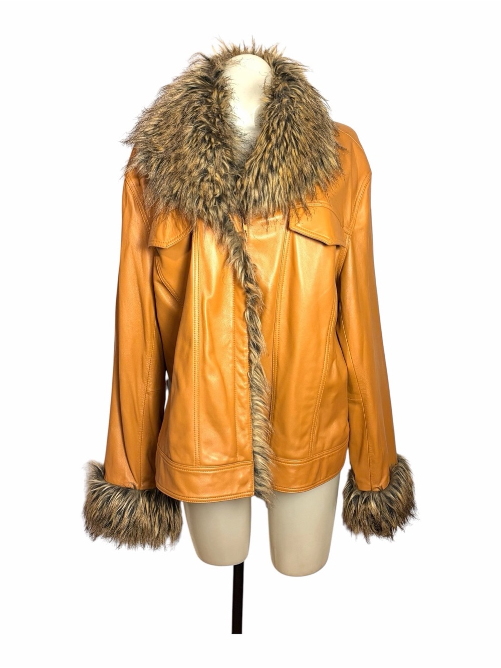 Terry Lewis 1X Butterscotch Leather Jacket Faux Fur Collar Cuffs Zip Penny Lane